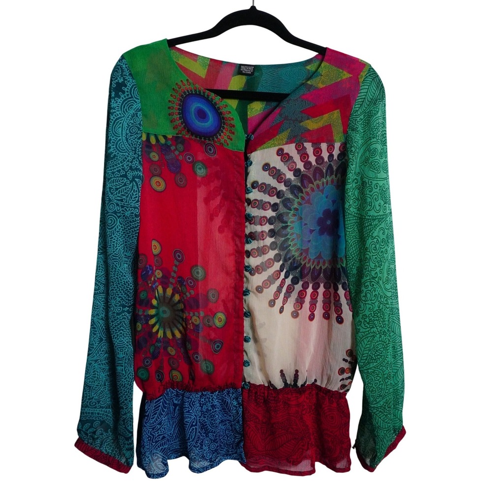 Desigual Patchwork Blouse Small Bohemian Mandala Print Sheer Multicolor Blouse